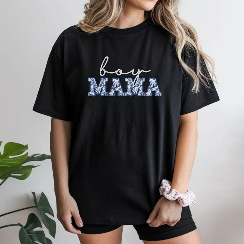 Boy Mama T-Shirt | Blue Toile Floral Print Graphic Tee | 100% Soft Cotton | New Mom Gift & Baby Shower Outfit