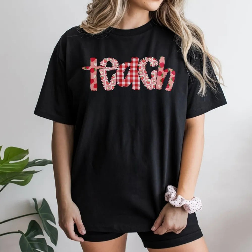 Teacher T-Shirt | Strawberry Gingham Graphic Tee | Soft Cotton Top | Back to School Gift for Educators