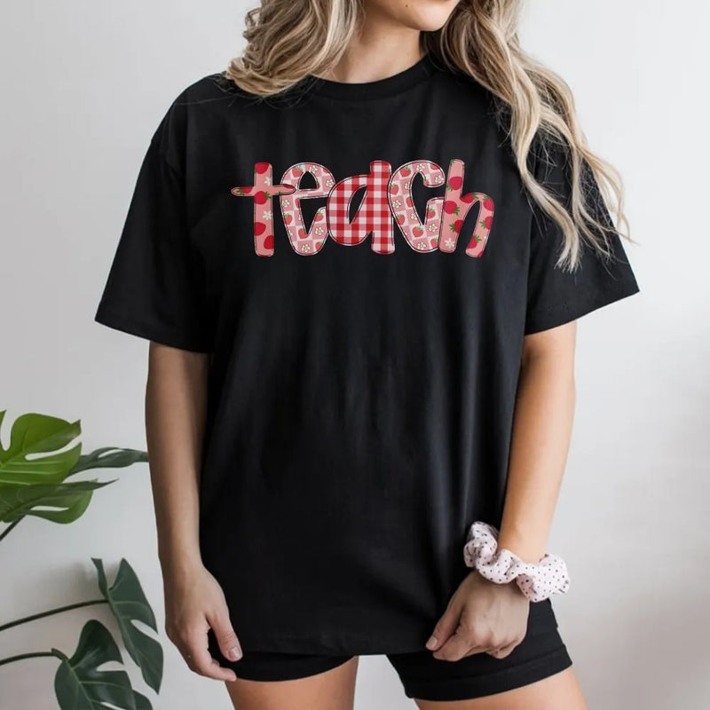 Teacher T-Shirt | Strawberry Gingham Graphic Tee | Soft Cotton Top | Back to School Gift for Educators