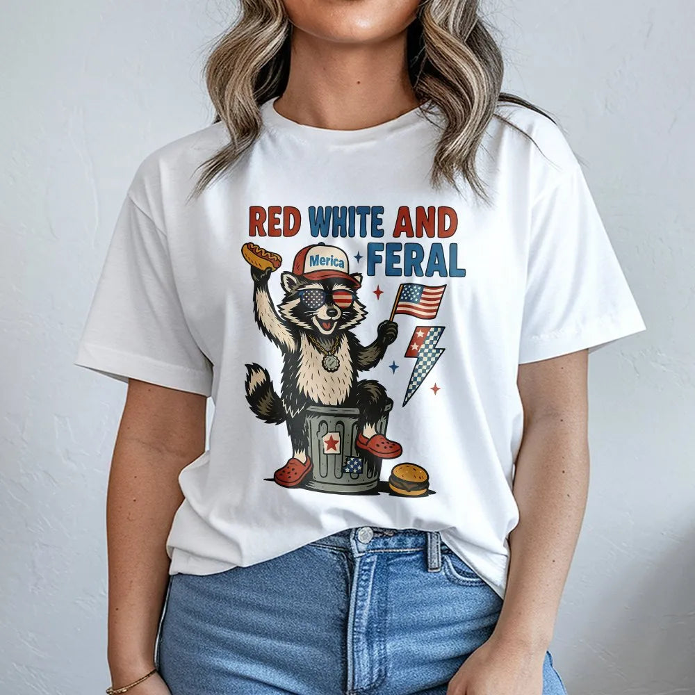 Funny Raccoon 4th of July Sweatshirt | Red White and Feral Merica Graphic | Soft Cotton Blend Pullover | Patriotic USA Party Gift