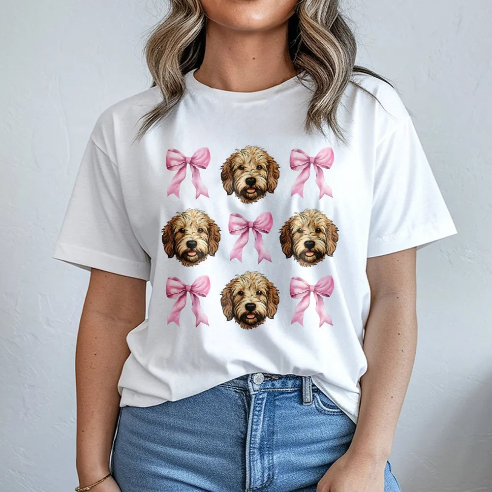 Goldendoodle T-Shirt | Cute Pink Bow Pattern Graphic | Premium Soft Cotton | Dog Mom Gift For Her