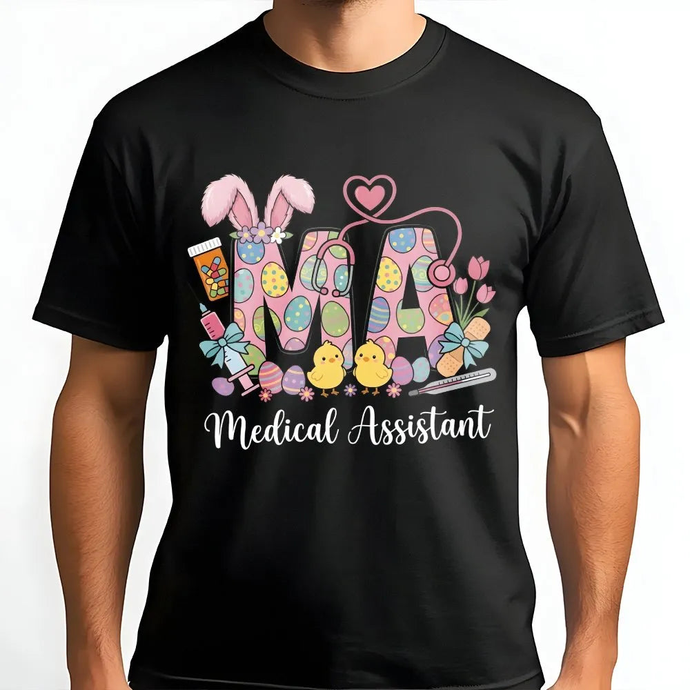 Medical Assistant Easter T-Shirt | Bunny Ears Graphic Design | 100% Soft Cotton | Cute Healthcare Worker Holiday Gift