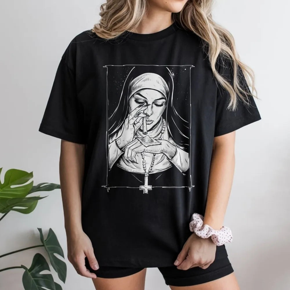Gothic Nun T-Shirt | Dark Humor Religious Art | Premium Soft Cotton | Edgy Alternative Streetwear Gift