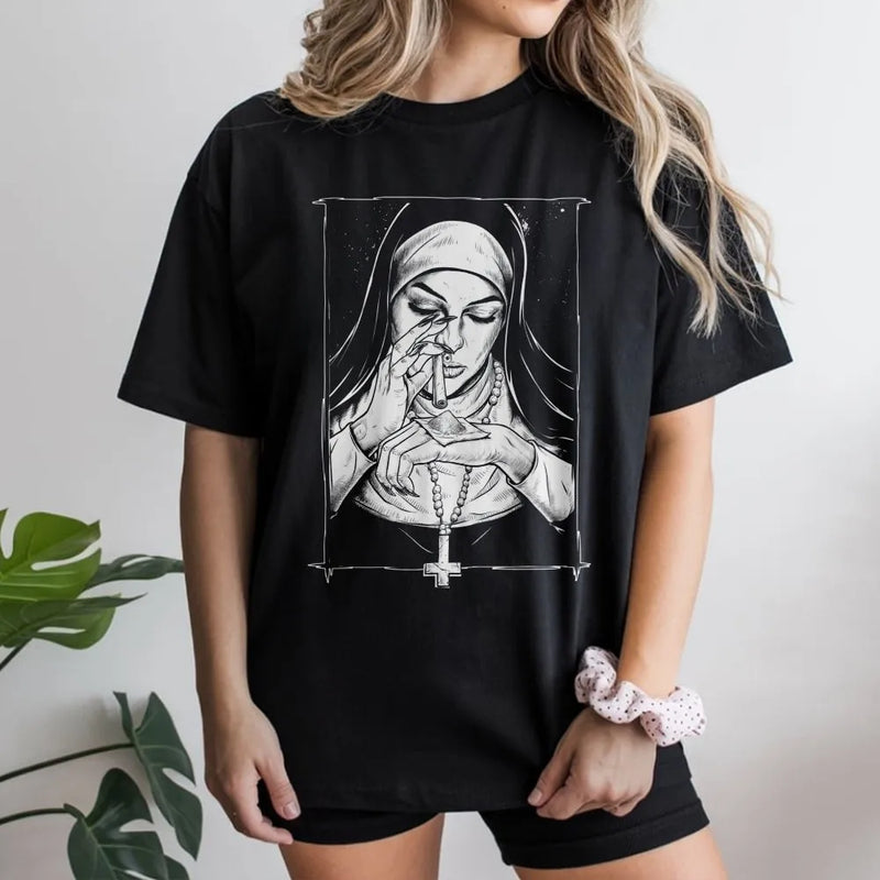 Gothic Nun T-Shirt | Dark Humor Religious Art | Premium Soft Cotton | Edgy Alternative Streetwear Gift