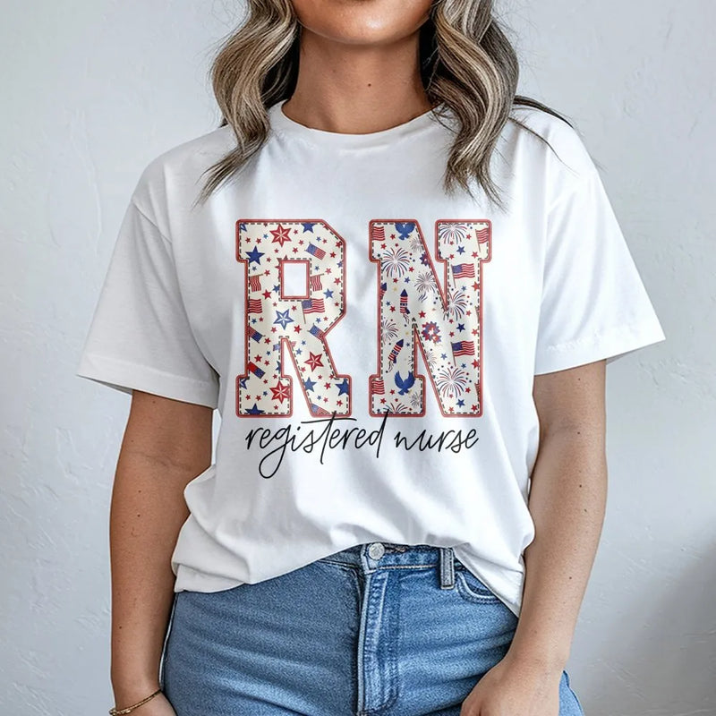 Patriotic RN T-Shirt | USA Flag Fireworks Graphic Tee | Soft Cotton Shirt | Gift for Registered Nurse